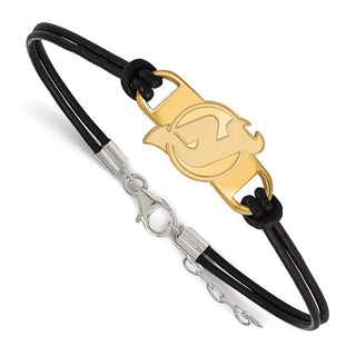 Sterling Silver Gold-plated NHL LogoArt New Jersey Devils Small Center Black Leather 7 inch Bracelet with Extender