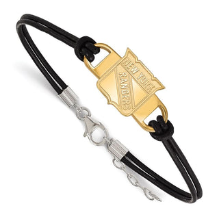 Sterling Silver Gold-plated NHL LogoArt New York Rangers Small Center Black Leather 7 inch Bracelet with Extender
