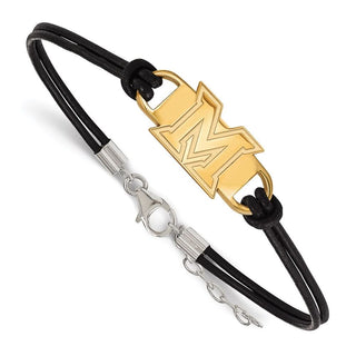 Sterling Silver Gold-plated LogoArt Miami University Ohio Letter M Small Center Black Leather 7 inch Bracelet with Extender