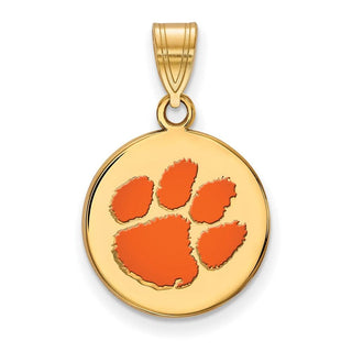 Sterling Silver Gold-plated LogoArt Clemson University Tiger Paw Medium Enameled Disc Pendant