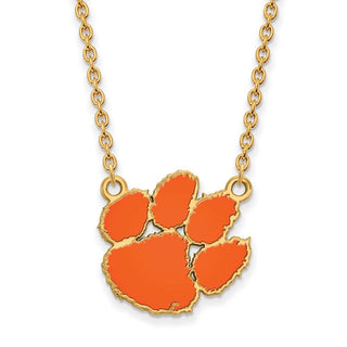 Sterling Silver Gold-plated LogoArt Clemson University Tiger Paw Large Enameled Pendant 18 inch Necklace