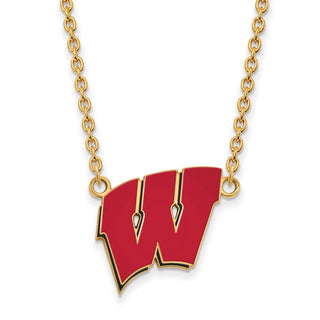 Sterling Silver Gold-plated LogoArt University of Wisconsin Letter W Large Enameled Pendant 18 inch Necklace