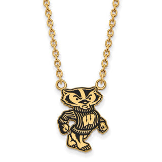 Sterling Silver Gold-plated LogoArt University of Wisconsin Badger Large Enameled Pendant 18 inch Necklace