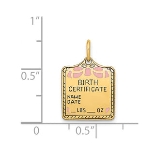 14k Yellow Gold Enameled Pink Engravable Birth Certificate Charm A0363/P