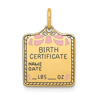 14k Yellow Gold Enameled Pink Engravable Birth Certificate Charm A0363/P