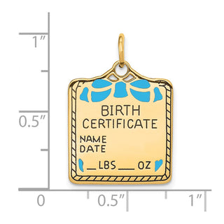 14k Yellow Gold Enameled Blue Engravable Birth Certificate Charm A0364/B