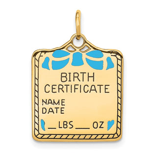 14k Yellow Gold Enameled Blue Engravable Birth Certificate Charm A0364/B