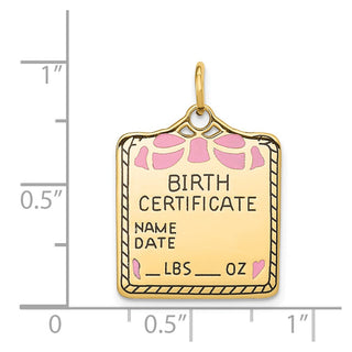 14k Yellow Gold Enameled Pink Engravable Birth Certificate Charm A0364/P