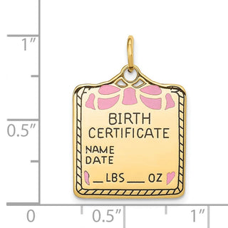 14k Yellow Gold Enameled Pink Engravable Birth Certificate Charm A0364/P