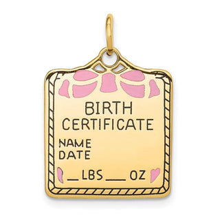 14k Yellow Gold Enameled Pink Engravable Birth Certificate Charm A0364/P