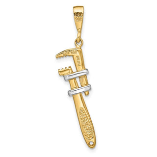 Mens 14k Yellow Gold With Rhodium 3-D Pipe Wrench Pendant
