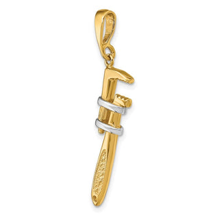 Mens 14k Yellow Gold With Rhodium 3-D Pipe Wrench Pendant
