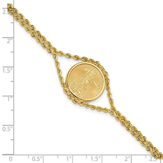 7.25 inch 14k Yellow Gold Polished Double Rope Mounted 1/10oz American Eagle Prong Set Coin Bezel Bracelet