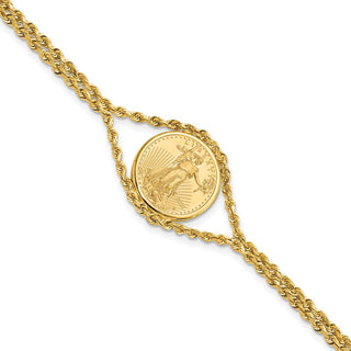 7.25 inch 14k Yellow Gold Polished Double Rope Mounted 1/10oz American Eagle Prong Set Coin Bezel Bracelet