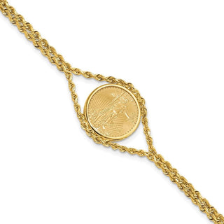 7.25 inch 14k Yellow Gold Polished Double Rope Mounted 1/10oz American Eagle Prong Set Coin Bezel Bracelet