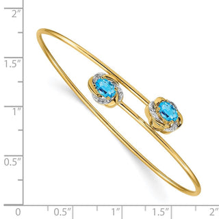 14k Yellow Gold Polished .03ctw Diamond and Blue Topaz Flexible Bangle Bracelet