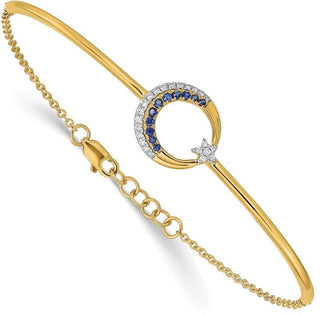 7"+0.5" 14k Yellow Gold Diamond and Sapphire Moon and Star Bar Bracelet