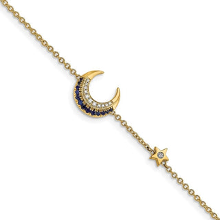 7" 14k Yellow Gold Diamond and Sapphire Moon and Star Bracelet