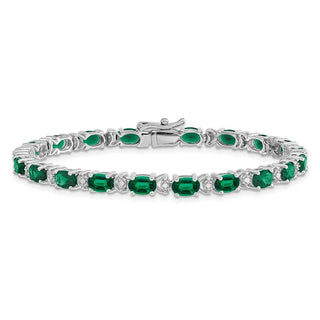 7" 14k White Gold Oval Lab-Created Emerald and Diamond Bracelet