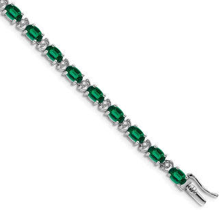 7" 14k White Gold Oval Lab-Created Emerald and Diamond Bracelet