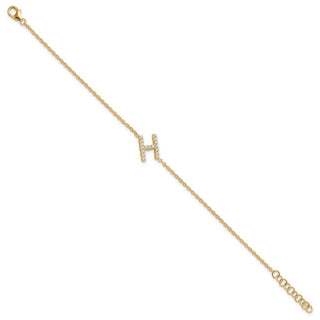 6.5" 14K Yellow Gold Diamond Sideways Letter H w/ 1in ext. Bracelet