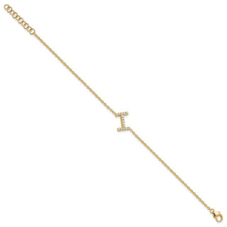6.5" 14K Yellow Gold Diamond Sideways Letter I w/ 1in ext. Bracelet