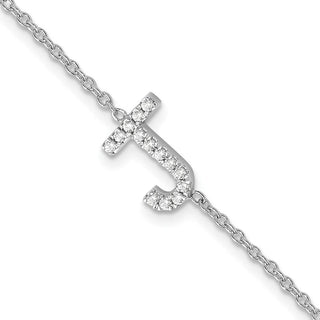 6.5" 14K White Gold Diamond Sideways Letter J w/ 1in ext. Bracelet
