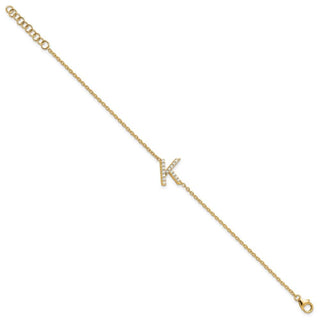 6.5" 14K Yellow Gold Diamond Sideways Letter K w/ 1in ext. Bracelet