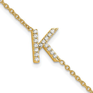 6.5" 14K Yellow Gold Diamond Sideways Letter K w/ 1in ext. Bracelet
