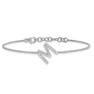 6.5" 14K White Gold Diamond Sideways Letter M w/ 1in ext. Bracelet