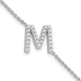 6.5" 14K White Gold Diamond Sideways Letter M w/ 1in ext. Bracelet