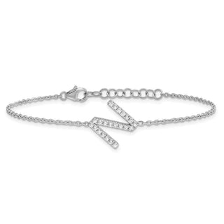 6.5" 14K White Gold Diamond Sideways Letter N w/ 1in ext. Bracelet