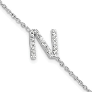 6.5" 14K White Gold Diamond Sideways Letter N w/ 1in ext. Bracelet
