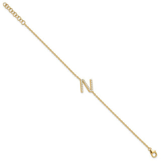 6.5" 14K Yellow Gold Diamond Sideways Letter N w/ 1in ext. Bracelet
