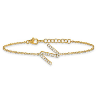 6.5" 14K Yellow Gold Diamond Sideways Letter N w/ 1in ext. Bracelet