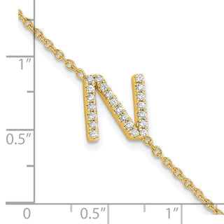 6.5" 14K Yellow Gold Diamond Sideways Letter N w/ 1in ext. Bracelet