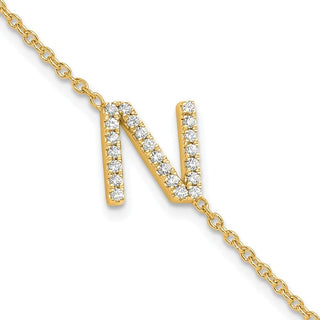 6.5" 14K Yellow Gold Diamond Sideways Letter N w/ 1in ext. Bracelet