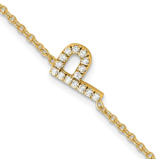 6.5" 14K Yellow Gold Diamond Sideways Letter P w/ 1in ext. Bracelet