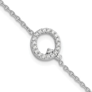 6.5" 14K White Gold Diamond Sideways Letter Q w/ 1in ext. Bracelet