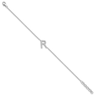 6.5" 14K White Gold Diamond Sideways Letter R w/ 1in ext. Bracelet