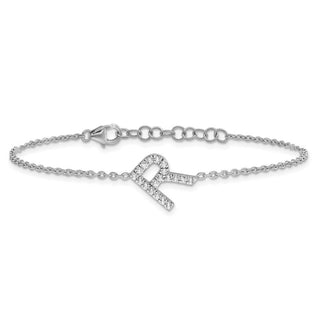 6.5" 14K White Gold Diamond Sideways Letter R w/ 1in ext. Bracelet