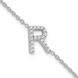 6.5" 14K White Gold Diamond Sideways Letter R w/ 1in ext. Bracelet