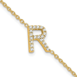 6.5" 14K Yellow Gold Diamond Sideways Letter R w/ 1in ext. Bracelet