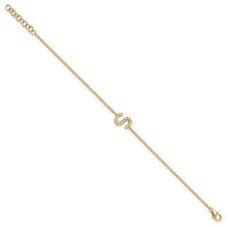 6.5" 14K Yellow Gold Diamond Sideways Letter S w/ 1in ext. Bracelet