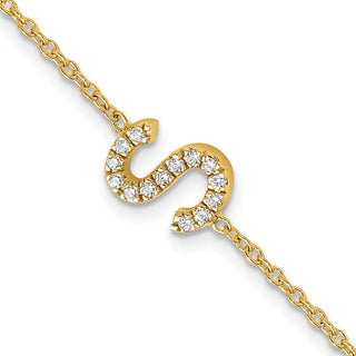 6.5" 14K Yellow Gold Diamond Sideways Letter S w/ 1in ext. Bracelet
