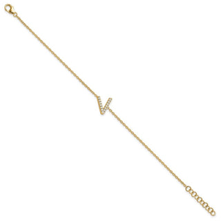 6.5" 14K Yellow Gold Diamond Sideways Letter V w/ 1in ext. Bracelet