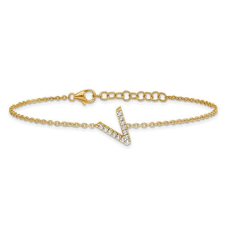 6.5" 14K Yellow Gold Diamond Sideways Letter V w/ 1in ext. Bracelet