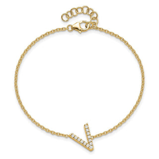6.5" 14K Yellow Gold Diamond Sideways Letter V w/ 1in ext. Bracelet