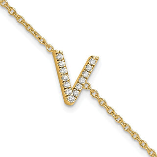 6.5" 14K Yellow Gold Diamond Sideways Letter V w/ 1in ext. Bracelet