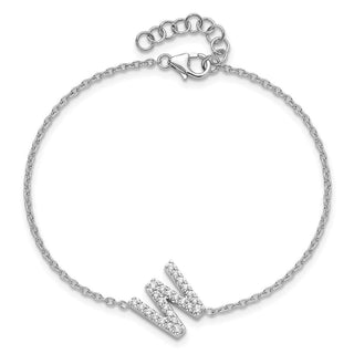 6.5" 14K White Gold Diamond Sideways Letter W w/ 1in ext. Bracelet